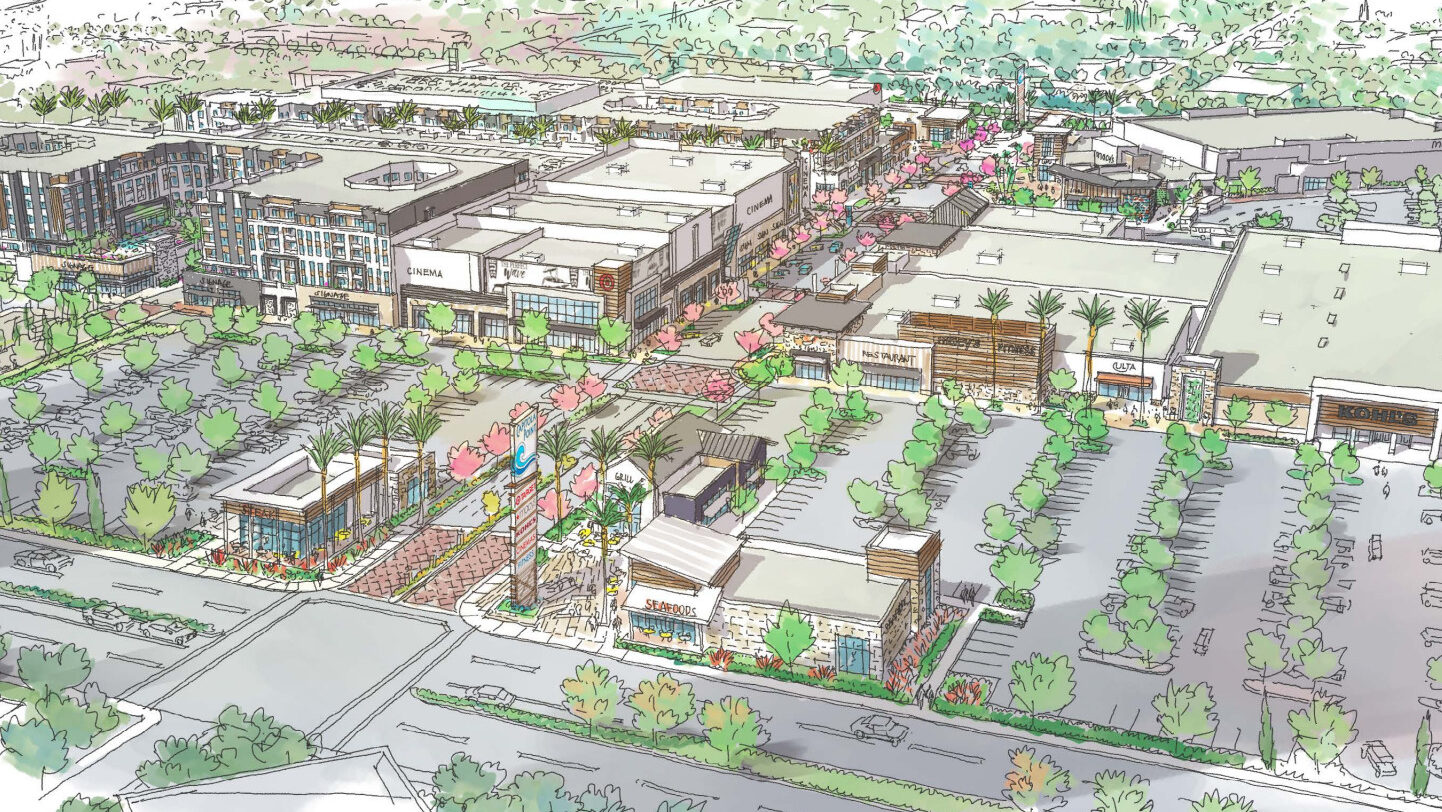 Un dibujo de una propuesta de reurbanización del Capitola Mall de 2019.