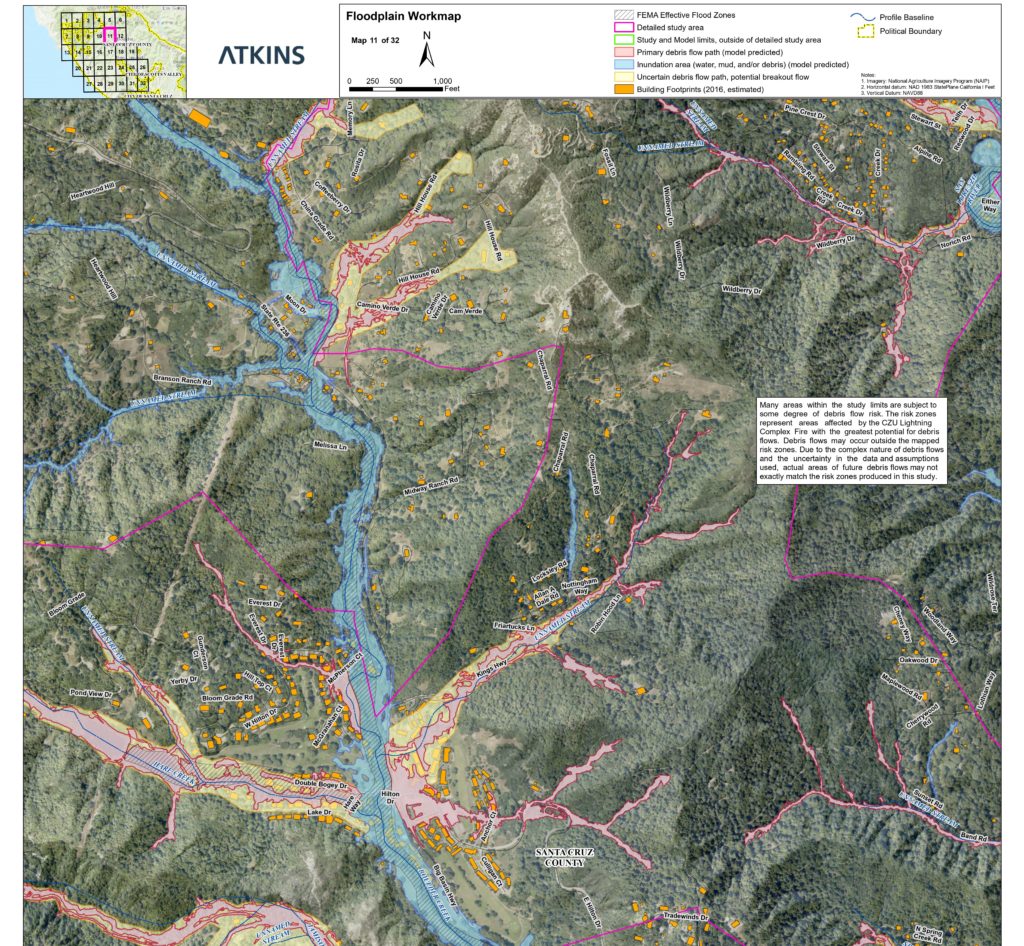 map of potential debris flow areas in Santa Cruz Mountains