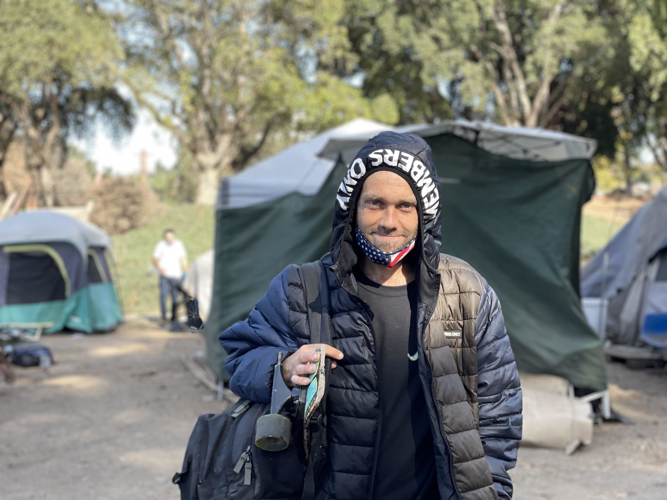 Matthew Hendrix at the Benchlands homeless camp in Santa Cruz