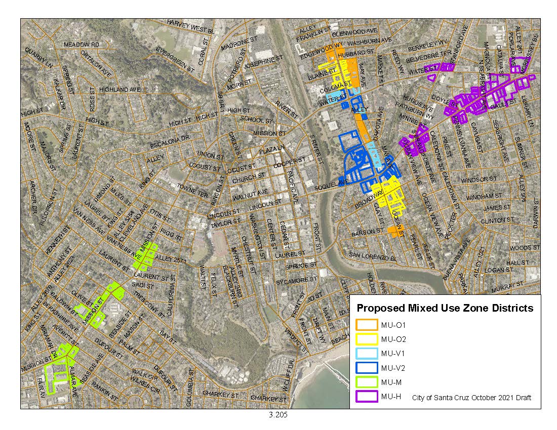 map of new proposed zone districts in Santa Cruz