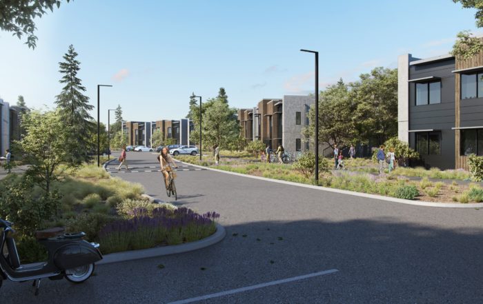 A rendering shows planned student-family housing on the East Meadow near Hagar and Coolidge drives at UC Santa Cruz. (UCSC)