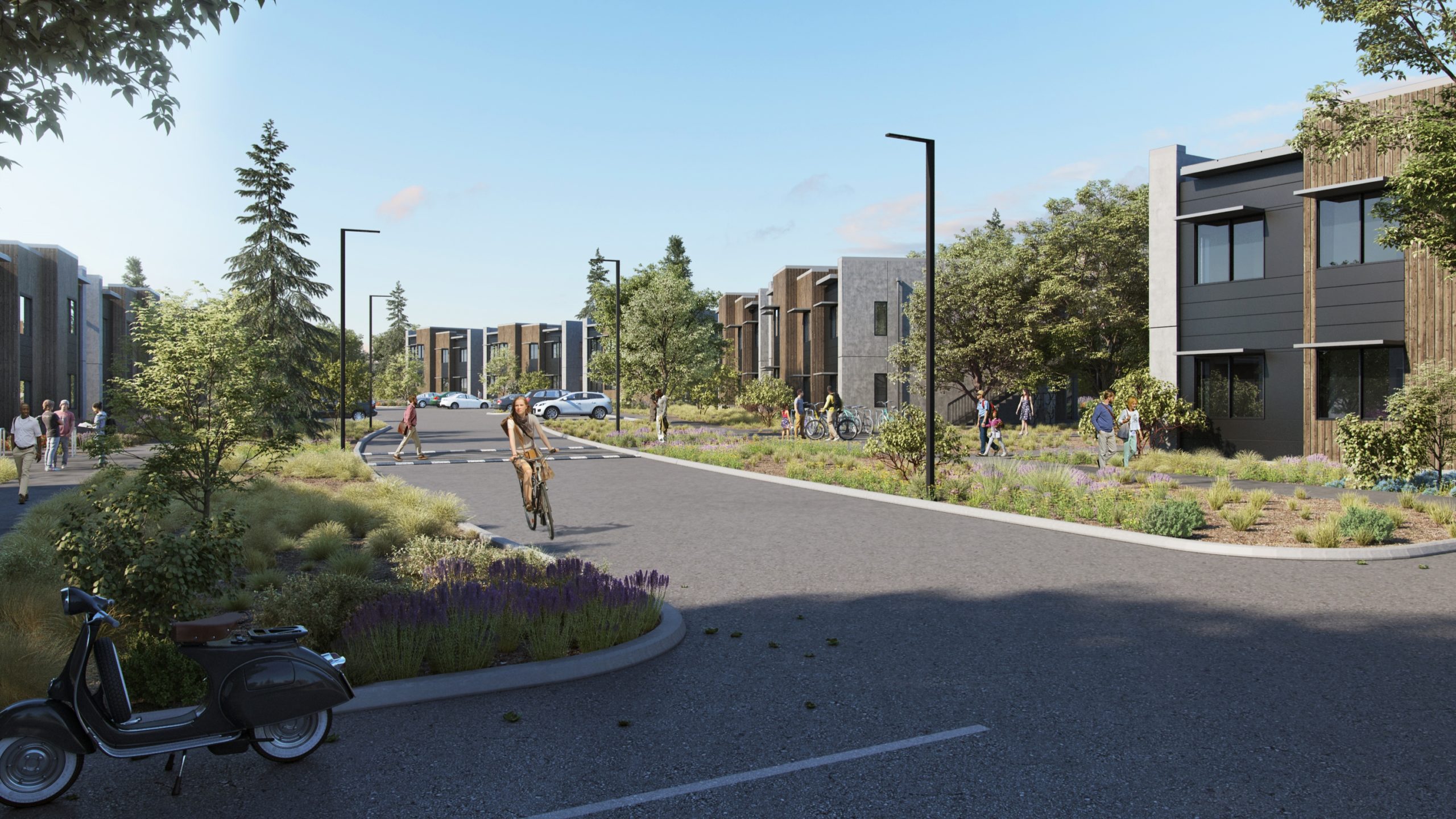 A rendering shows planned student-family housing on the East Meadow near Hagar and Coolidge drives at UC Santa Cruz. (UCSC)