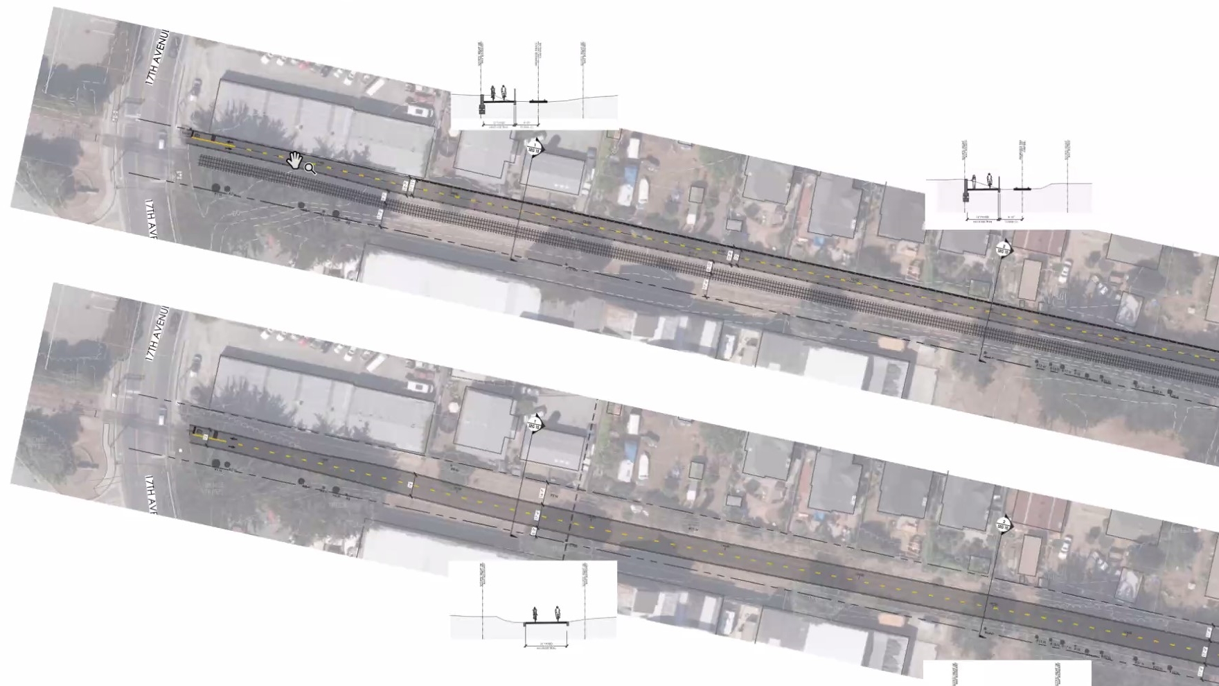 At top, planners showed an “ultimate” path parallel to the rail line near 17th Avenue. At bottom, an “interim” rail line shows a path where the train tracks now stand. (County of Santa Cruz)