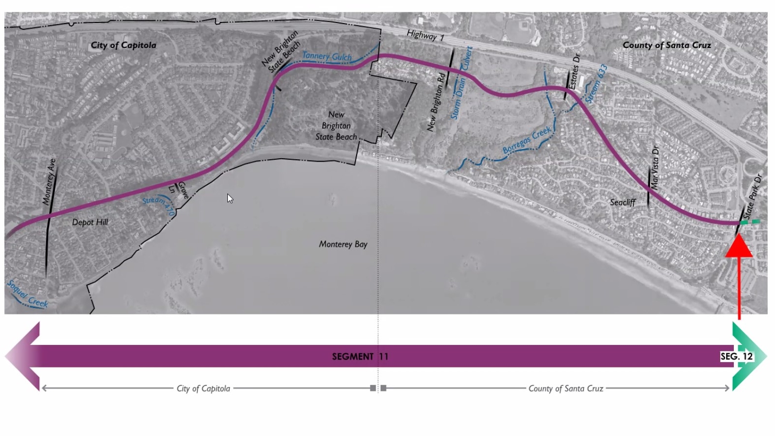 A map shows Segment 11 of the Coastal Rail Trail in Capitola and Seacliff.