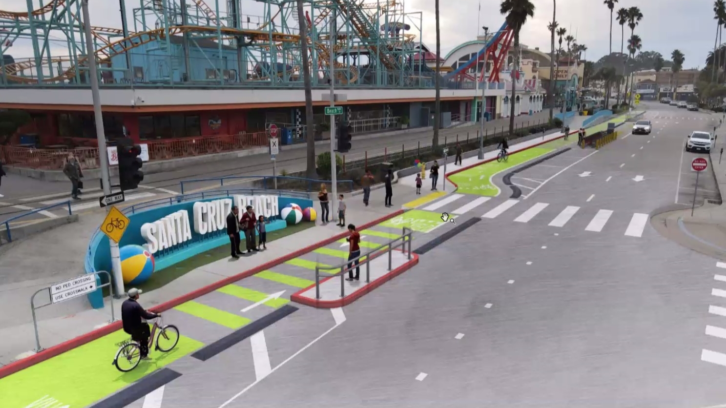A rendering shows a proposed sidewalk island to accommodate picture takers who often block a bike path near the Santa Cruz Beach Boardwalk. (RRM Design Group)