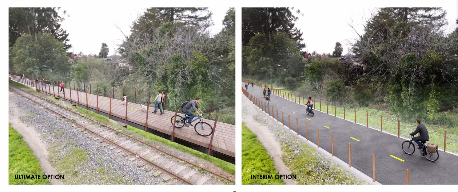 Leaders described an “ultimate” plan, left, with a path parallel to the railroad tracks on Santa Cruz Branch Line Segment 9. An “interim” plan, right shows a paved path on where the railroad tracks now run. (RRM Design Group)
