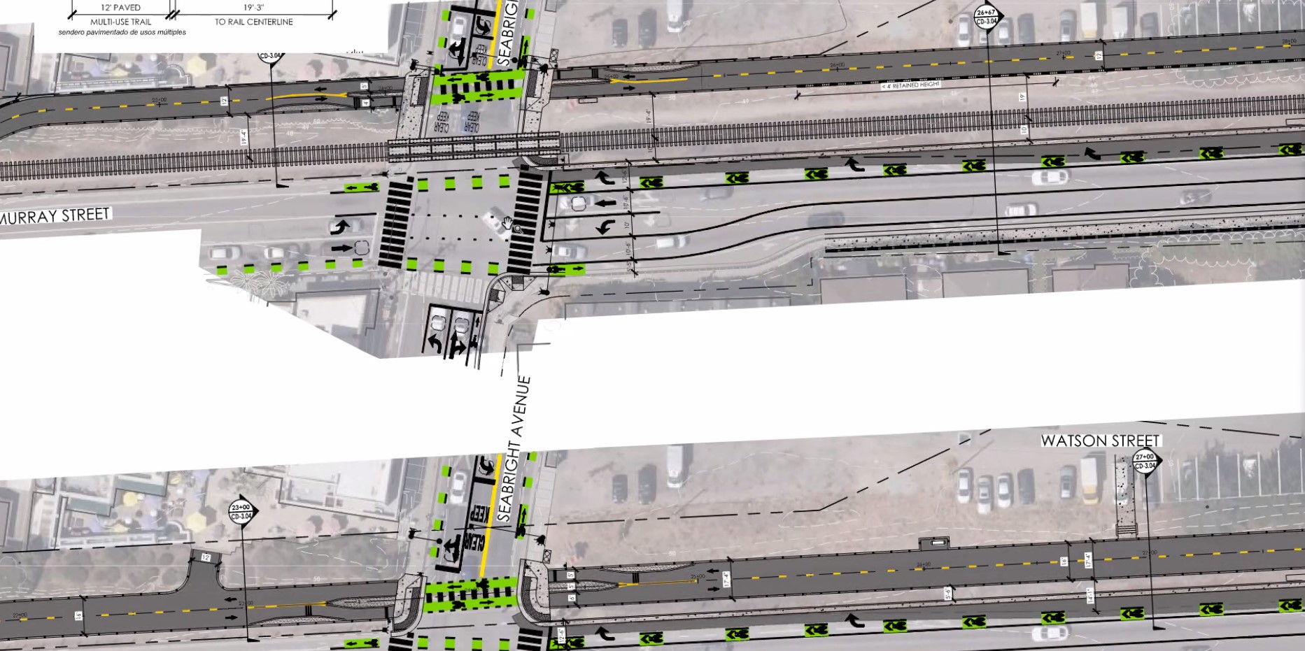 An “ultimate” plan, top, proposes a new crosswalk on Seabright Avenue. An “interim” plan, below, shows a path above where the railroad now runs. (RRM Design Group)