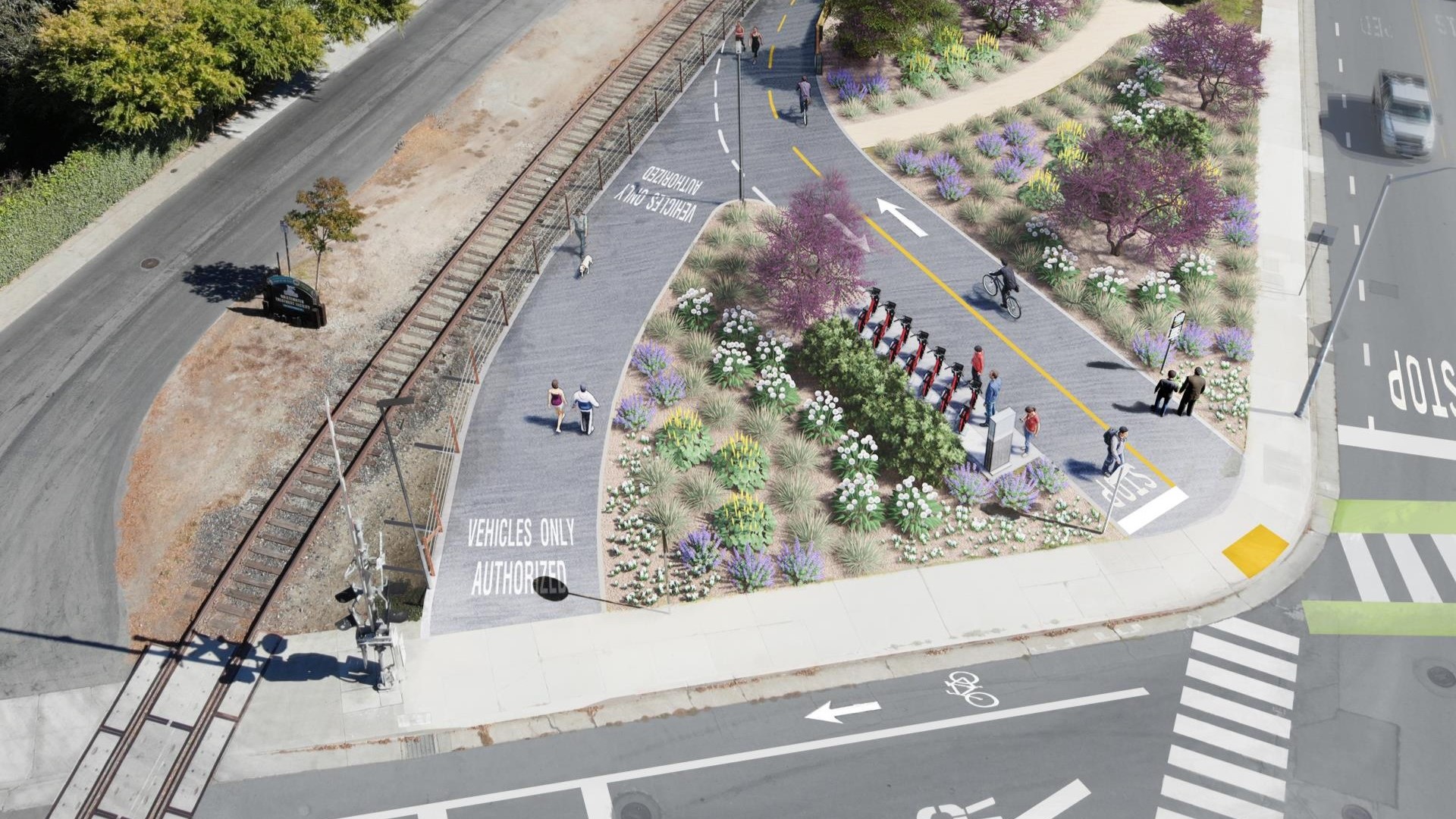 Rendering of Segment 7 of the rail trail at California and Bay.