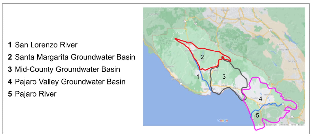 Map of water sources in Santa Cruz County