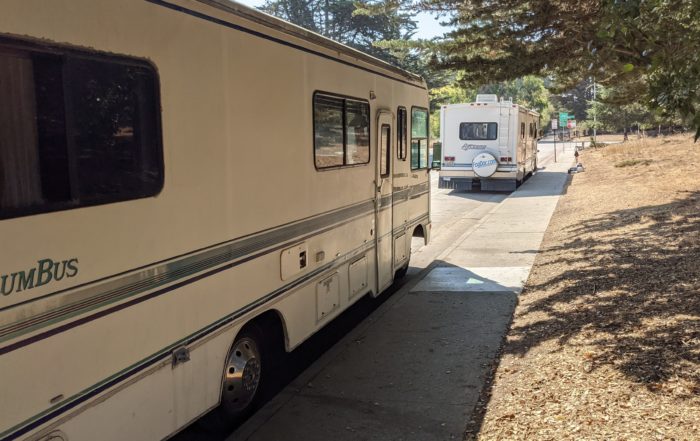 Recreational vehicles line Natural Bridges Drive in Santa Cruz in 2021. (Stephen Baxter — Santa Cruz Local file)