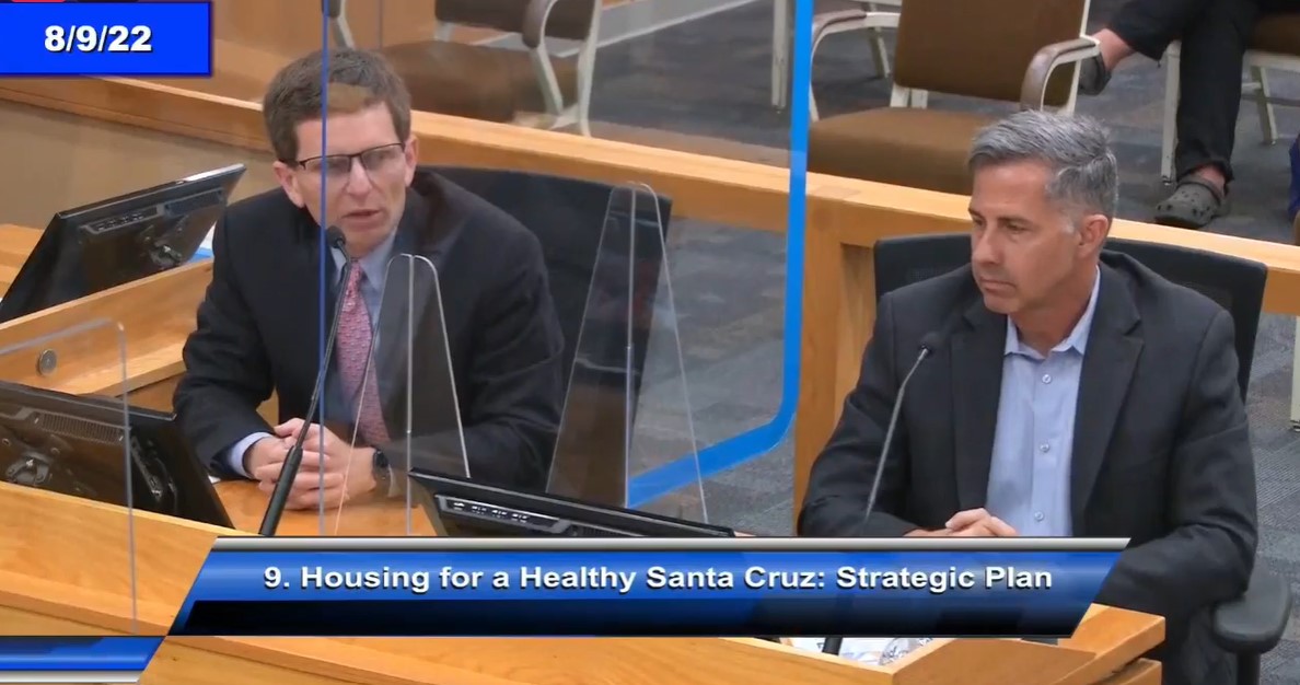 Dr. Robert Ratner, left, is director of Santa Cruz County’s Housing for Health Division. Robert Morris is director of the county’s Human Services department. Both discussed programs to reduce homelessness during a county supervisors meeting Tuesday. (County of Santa Cruz screenshot)