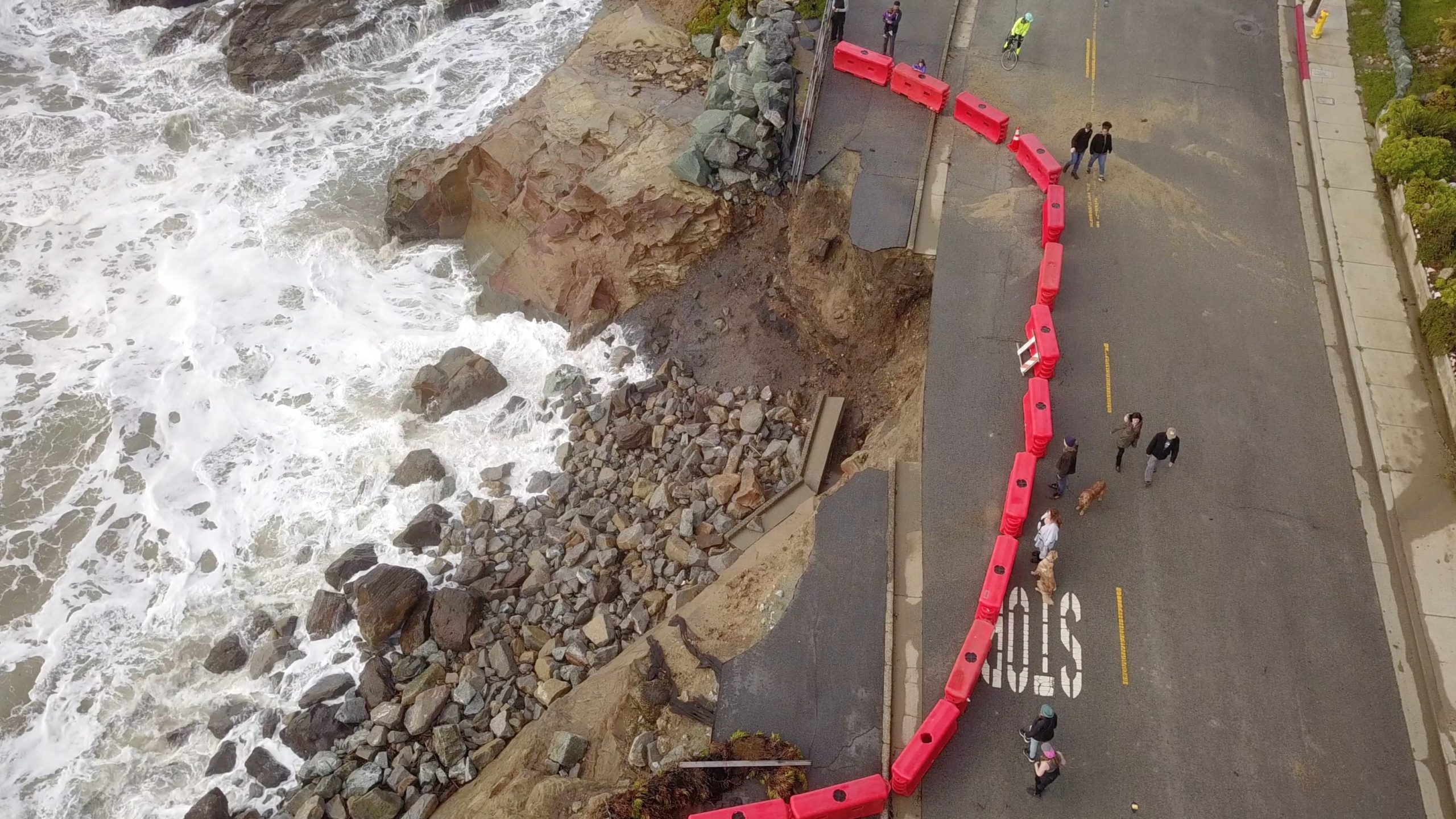 An aerial view shows damage to West Cliff Drive after winter storms in January 2023.