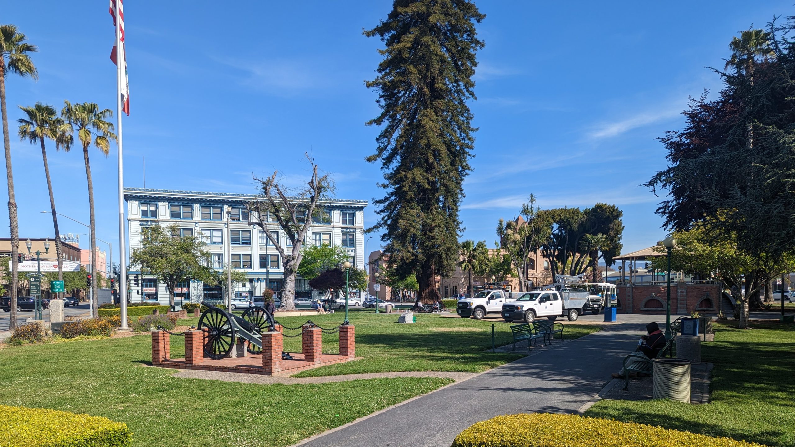 Watsonville's main plaza on a sunny day.