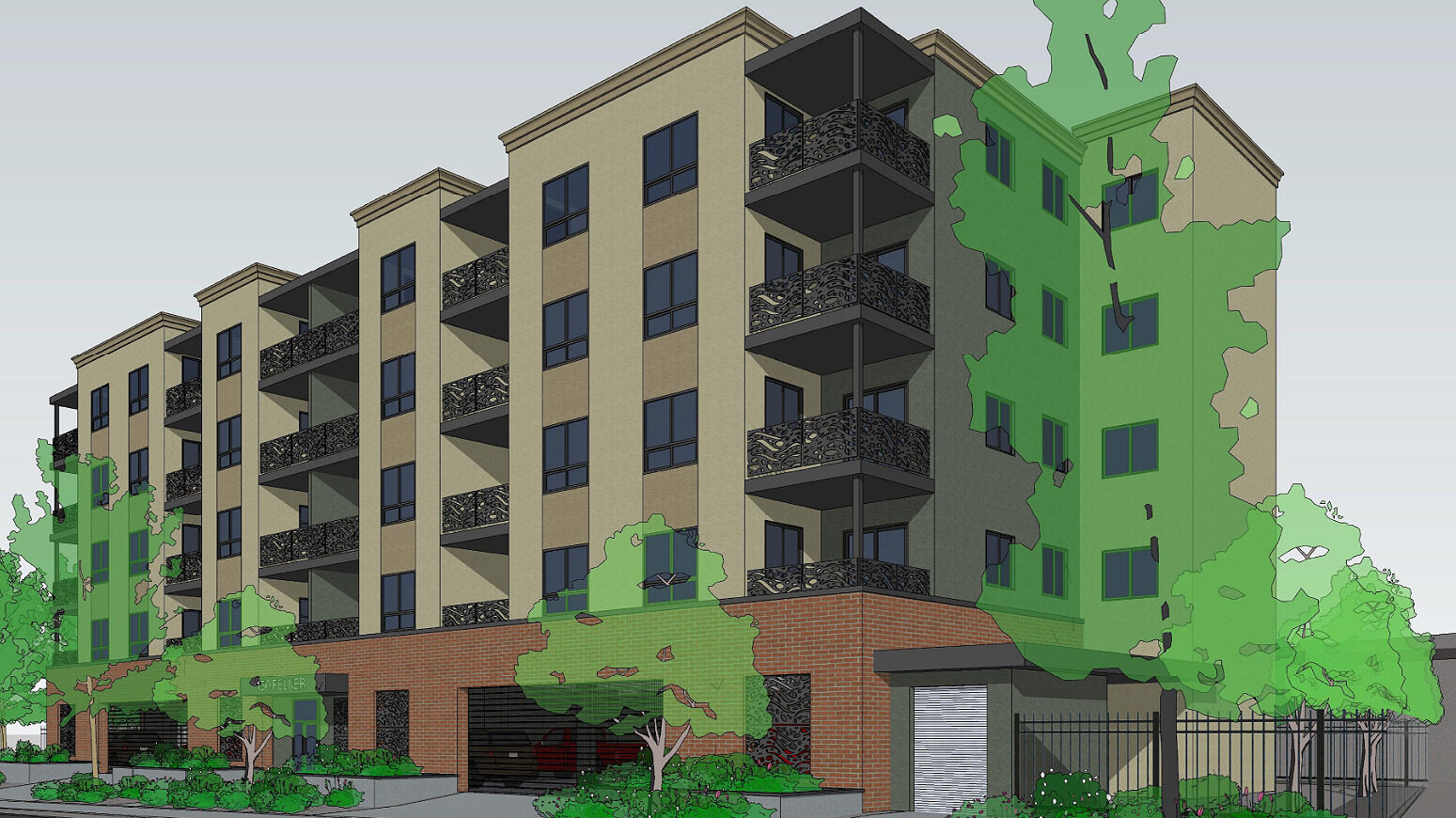 A rendering showing the proposed apartment complex on Felker St. in Santa Cruz.
