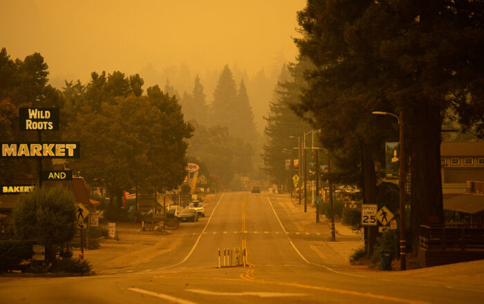 Felton is bathed in an orange glow from smoky air during the CZU Lighting Complex Fire on Aug. 20, 2020.