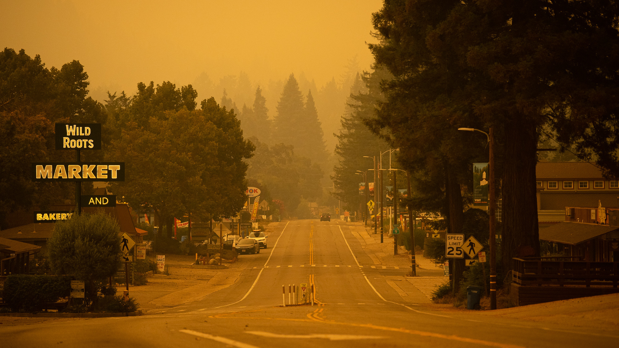 Felton is bathed in an orange glow from smoky air during the CZU Lighting Complex Fire on Aug. 20, 2020.