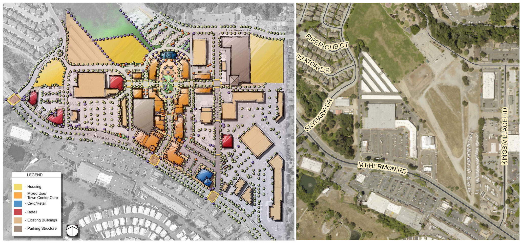 Scotts Valley’s Town Center Specific Plan from 2008, left, shows plans for housing in yellow and housing and commercial space in orange. (City of Scotts Valley and County of Santa Cruz)