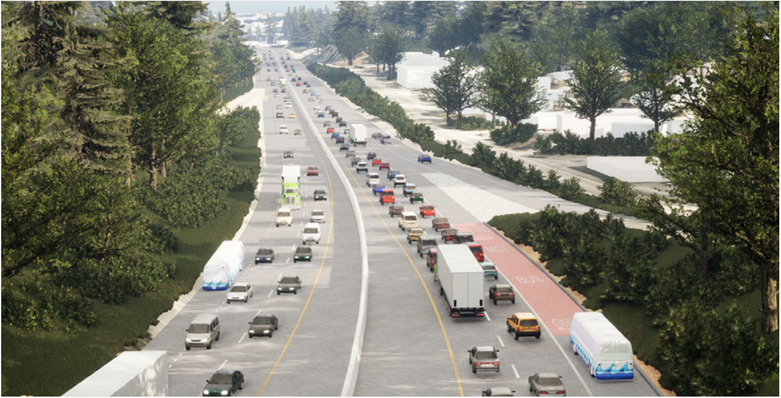 A rendering shows a bus-on-shoulder design included in Highway 1 improvements through Santa Cruz County.