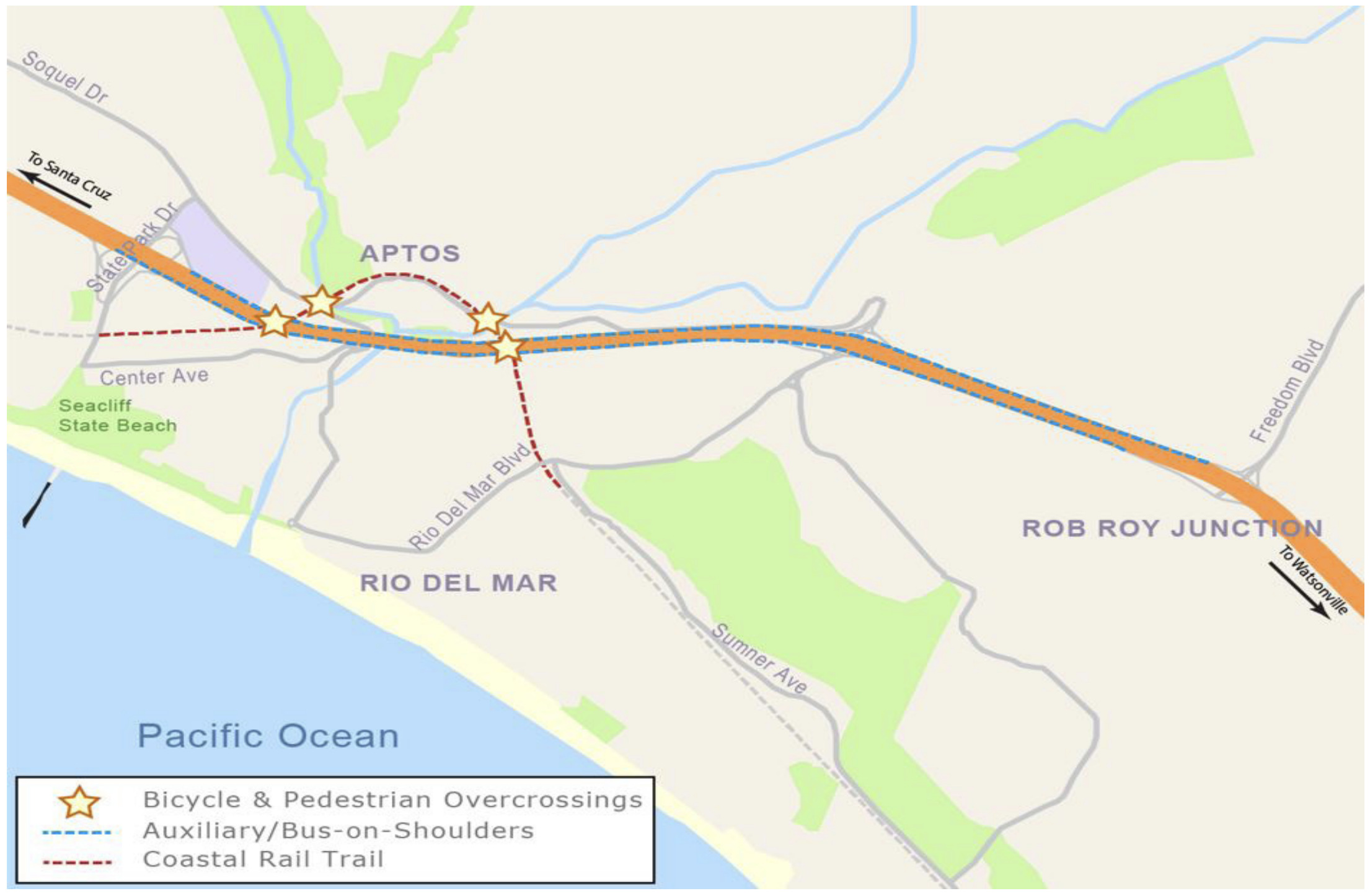 The third phase includes replacement of two railroad bridges over Highway 1 and a widened bridge at Aptos Creek. (Santa Cruz County Regional Transportation Commission)