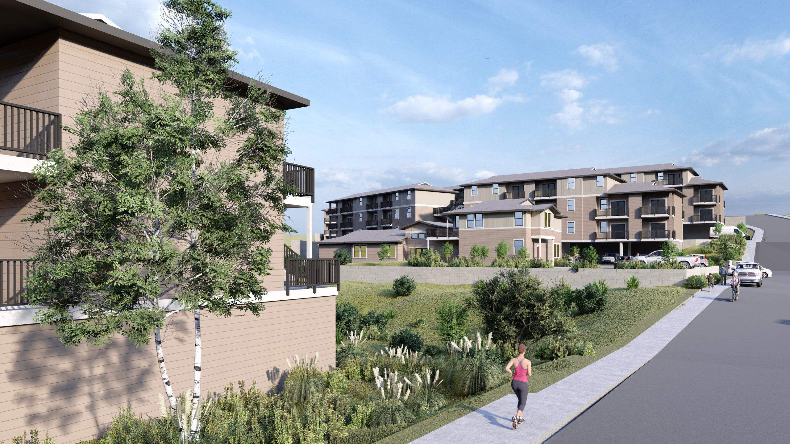 A rendering of the under-construction development on Miles Lane shows a person jogging on a sidewalk and greenery between multiple apartment buildings.