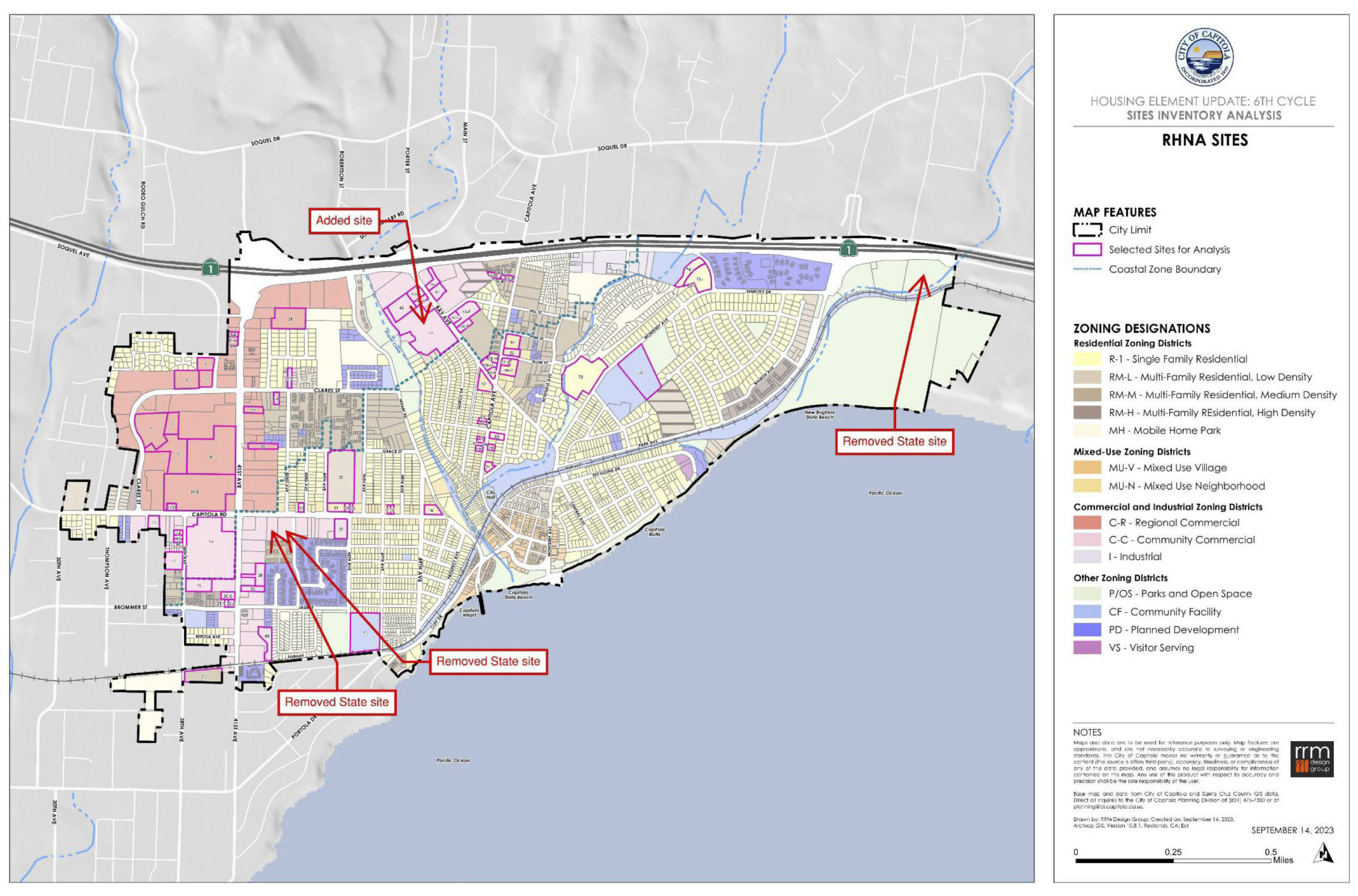 A map showing sites identified in Capitola's draft Housing Element as potential sites for new homes.