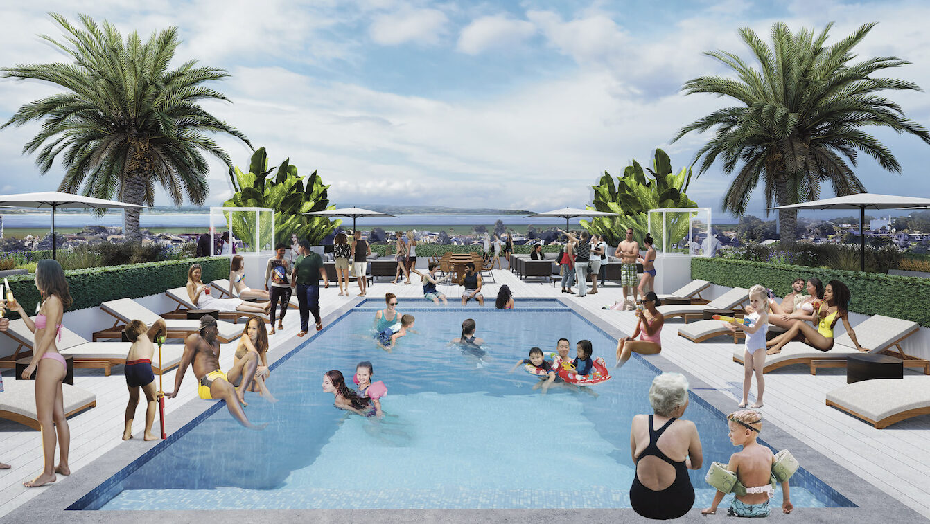 Una representación de la azotea del propuesto Hotel Cruz en el 324 de la calle Front, en el centro de Santa Cruz, muestra a niños y adultos en una piscina con vistas al océano.