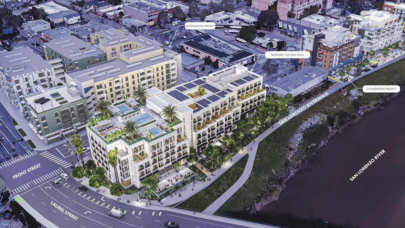 A rendering of the proposed hotel at 324 Front St. in Downtown Santa Cruz from an aerial perspective shows the potential building as a similar height as the new Front Pacific Laurel housing development across Front Street.