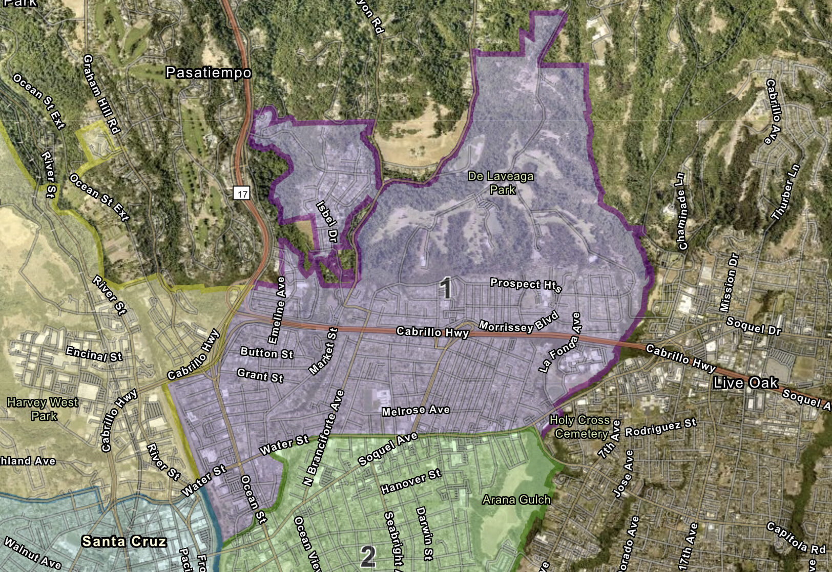 A map of Santa Cruz City Council District 1.