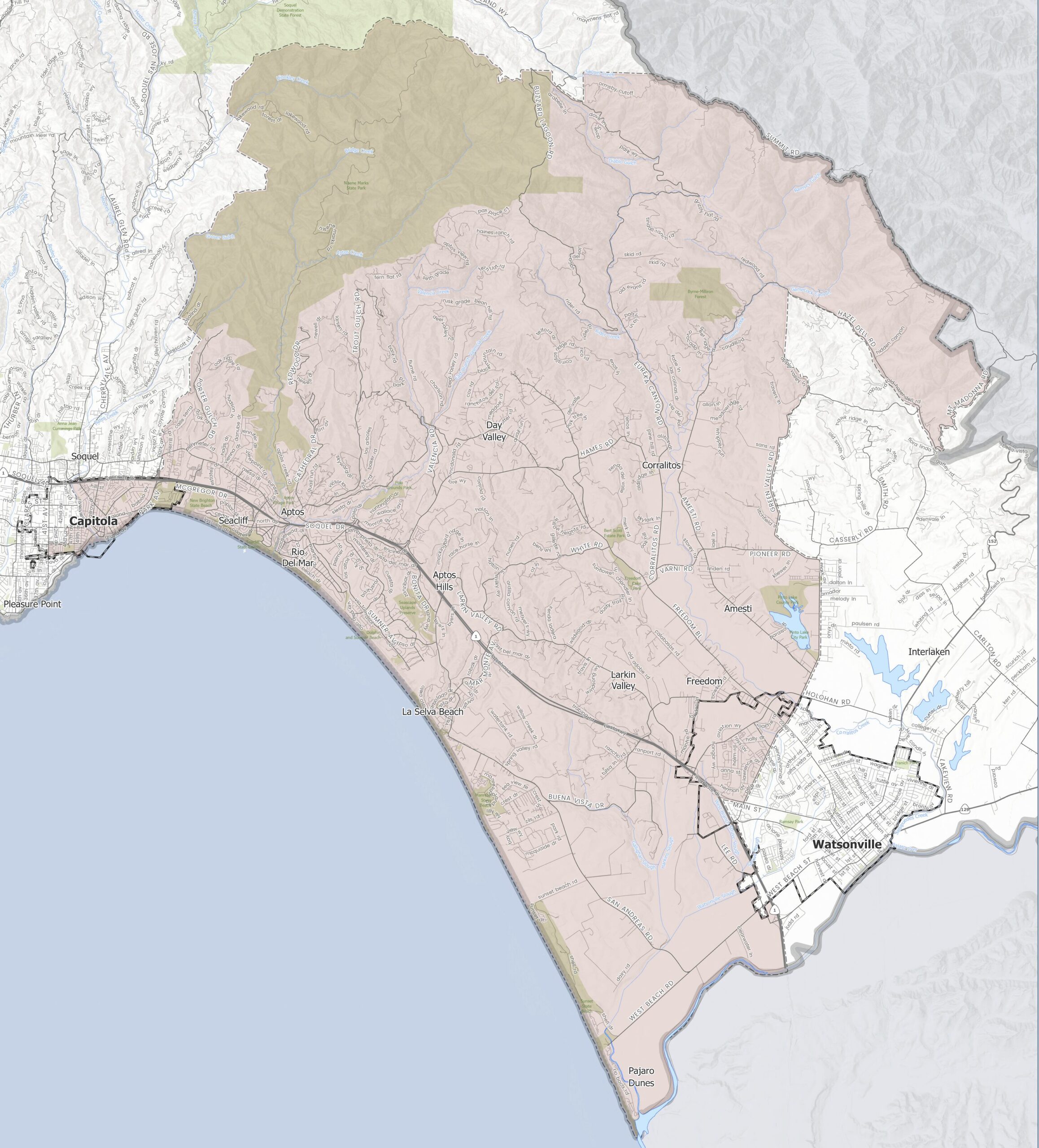 A map of Santa Cruz County Supervisor District 2.