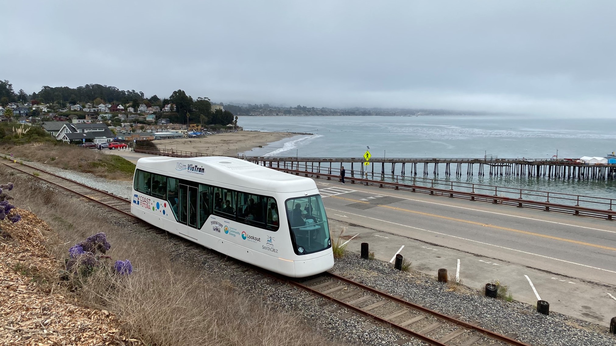 A proposed option for passenger rail was debuted in 2021. A photo shows the single train car on the rail line with the Capitola Pier in the background.