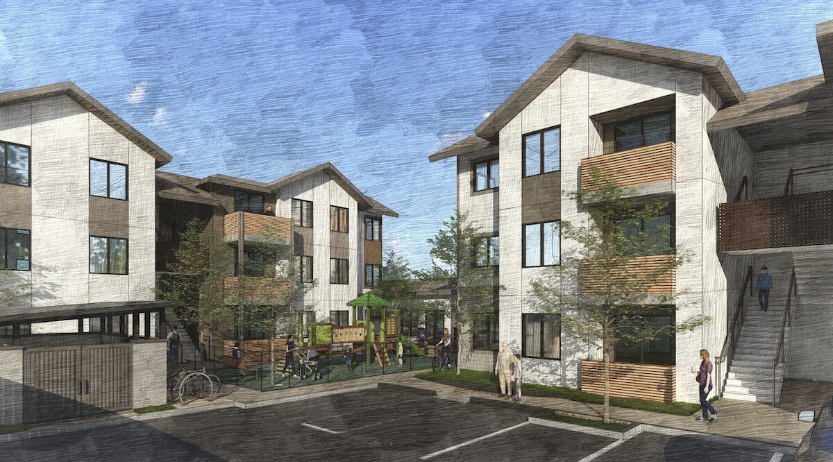 A rendering of the proposed housing at 4401 Capitols Rd. shows two buildings with parking in front.