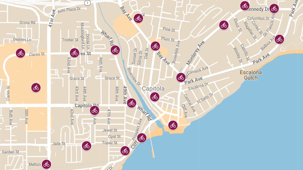 S map showing potential Bcycle e-bike rental locations in Capitola.