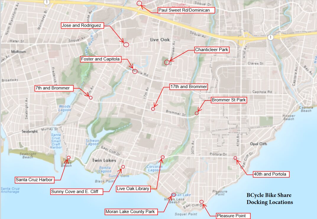 A map showing potential Bcycle e-bike rental locations in Live Oak and Pleasure Point.