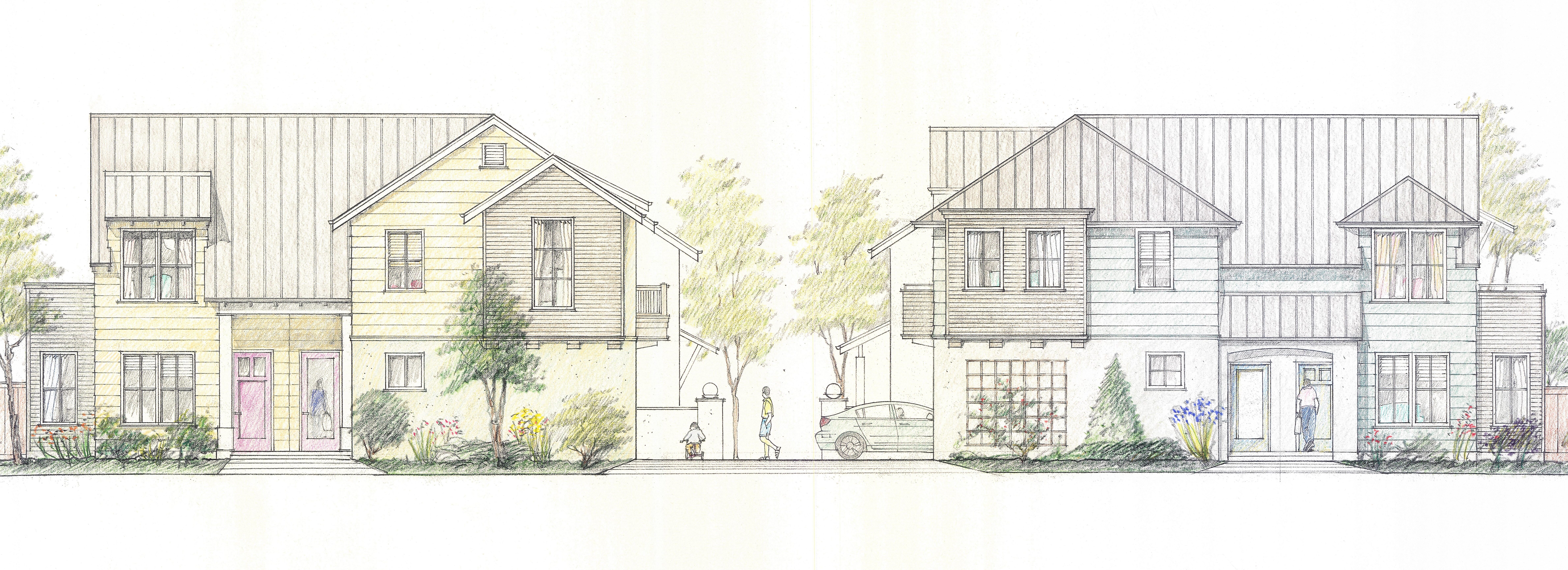 Drawings of a Circle Church housing plan shows two single-family homes with shrubs and trees.