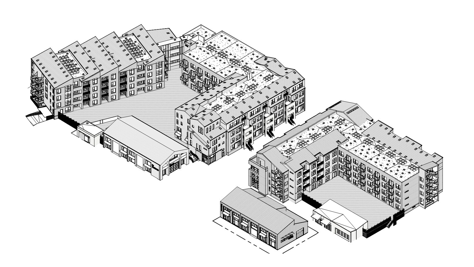 A rendering of Delaware Addition Phase II showing five buildings.