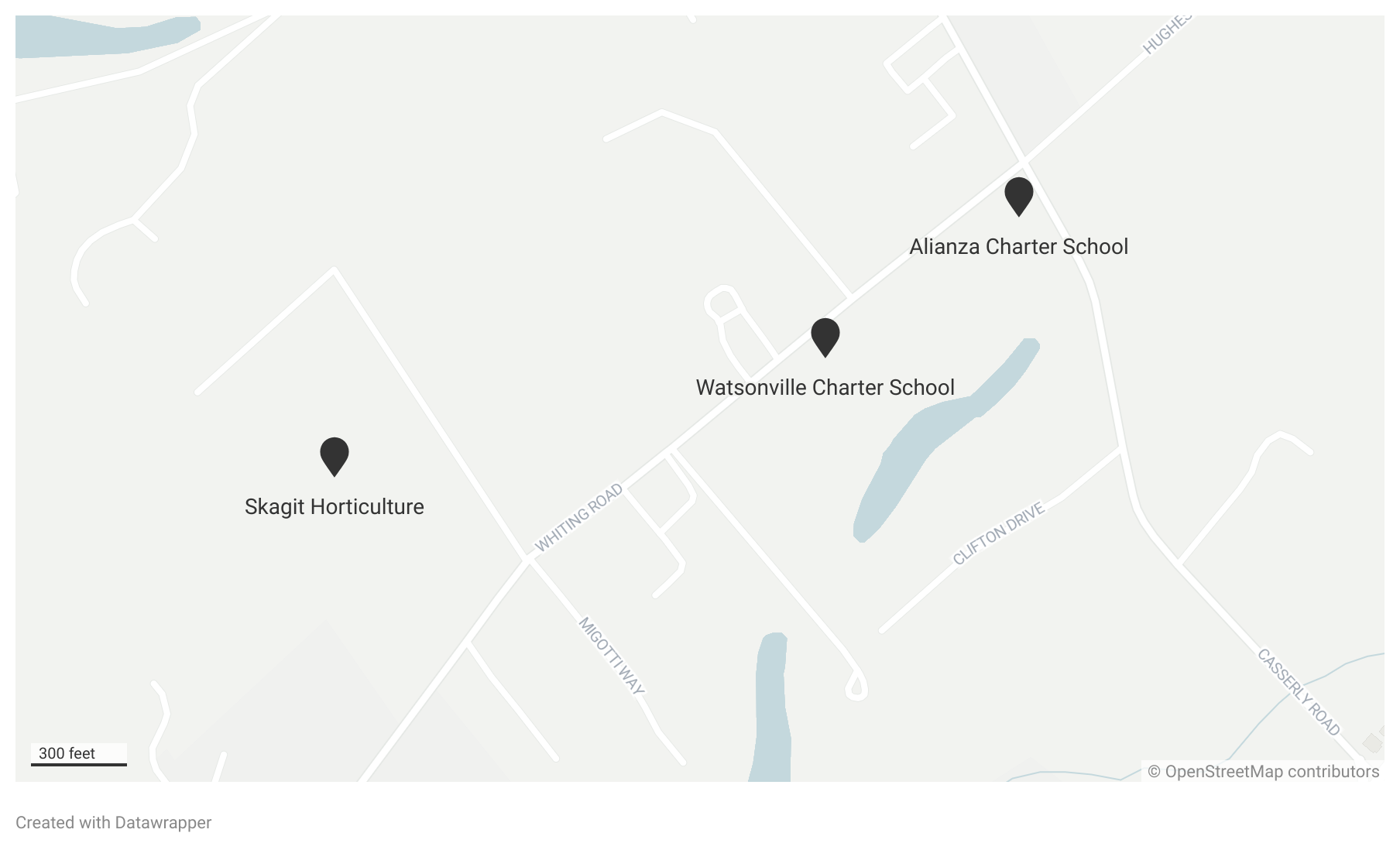 A map showing Skagit Horticulture and two nearby schools. Pesticides used near schools must be applied outside of school hours.