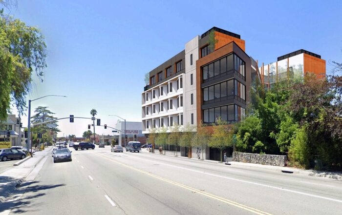 A rendering of a proposed apartment building where Food Bin and Herb Room stands on Mission Street in Santa Cruz.