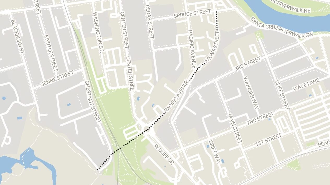 A map showing with a dotted line the approximate location of a sewer pipe slated to be replaced between Front Street and Neary Lagoon in Downtown Santa Cruz.