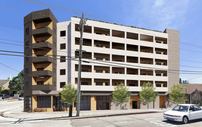 A rendering of a proposed five-story apartment complex at 1024 Soquel Ave., the corner of Soquel Drive and Cayuga Street, in Santa Cruz.