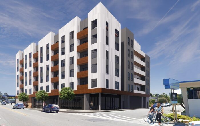 A rendering of an apartment building proposed on Mission Street in Santa Cruz shows the six-story building against a blue sky.