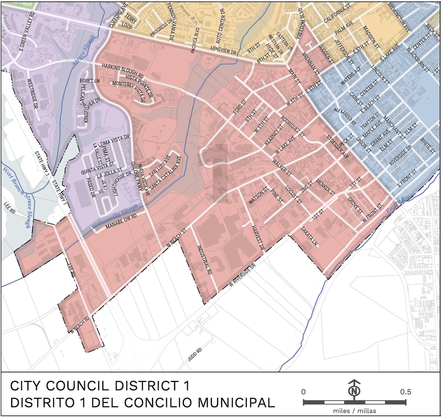 A map showing the boundaries of Watsonville City Council District 1.