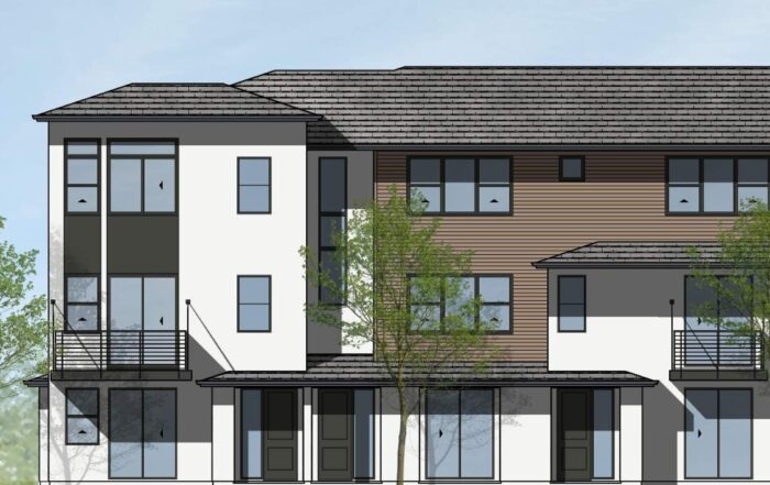 An architectural rendering of the facade of one of 18 buildings and 97 total townhomes proposed on Meder Street in Santa Cruz.