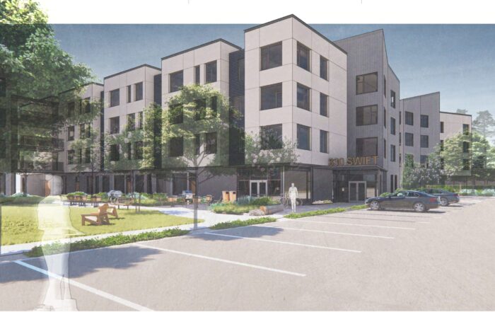 A rendering of buildings in a proposed Santa Cruz City Schools workforce housing project on Swift Street.