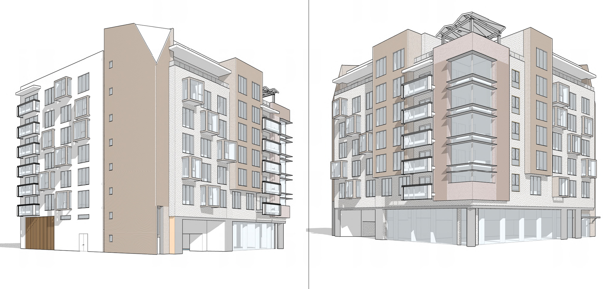 901 Pacific Ave. rendering A rendering shows two different angles of a proposed seven-story apartment building at 901 Pacific Ave. in Santa Cruz.