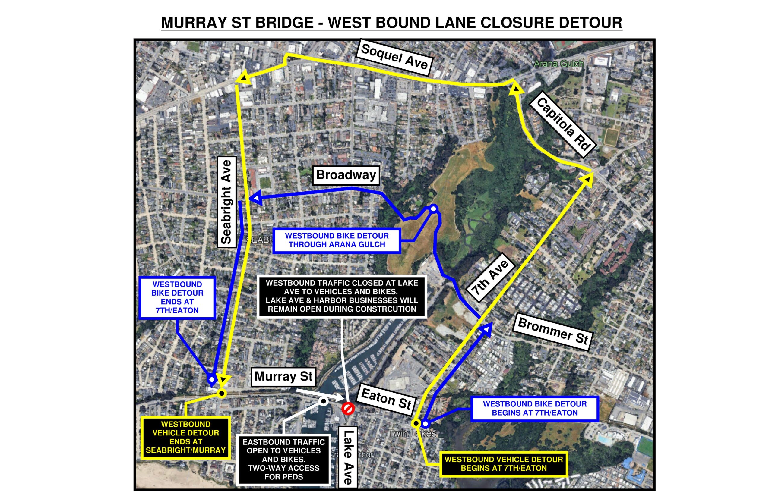 Santa Cruz habor bridge detours March 2025 A map shows planned detours for bicycle and car traffic during work on the Murray Street bridge by the Santa Cruz harbor.