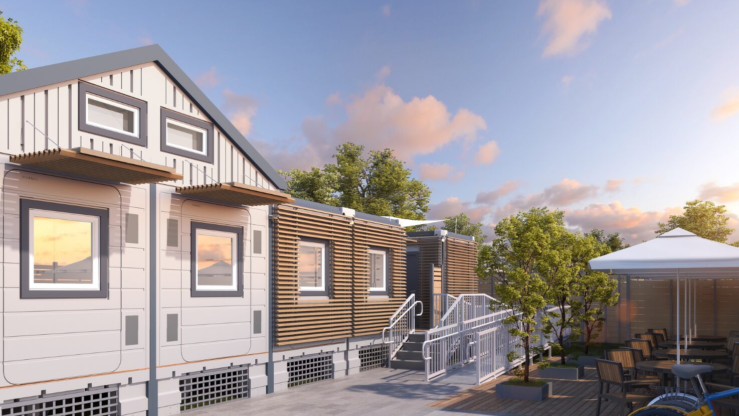 2202 Soquel bridge housing spring 2025 16 9 A rendering of a proposed temporary supportive housing center shows a couple of tiny houses and a seating area with umbrellas.