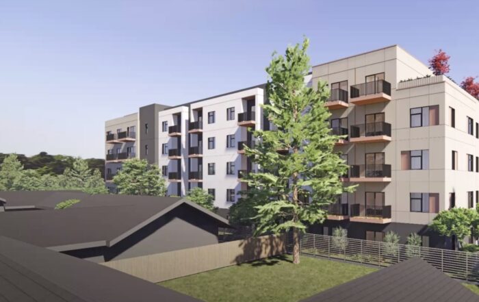 A rendering of a proposed five-story apartment building at 841 Capitola Road in Live Oak.