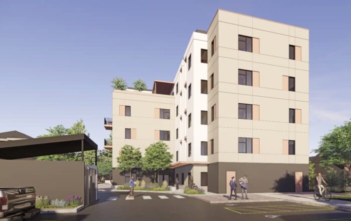 A rendering of a proposed five-story apartment building at 841 Capitola Road in Live Oak.