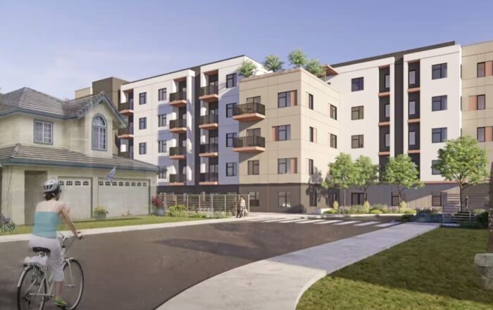 A rendering of a proposed five-story apartment building at 841 Capitola Road in Live Oak.
