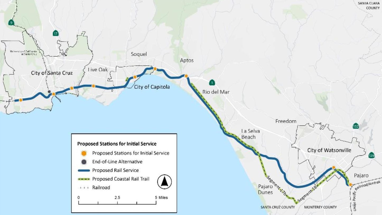 station map Passenger rail cost summary, Santa Cruz County Regional Transportation Commission — 6-6-2025-page-009 A map showing proposed stations on a potential passenger rail service line through Santa Cruz County.